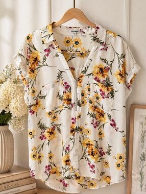 Express White Floral Zip-Front Short Sleeve Top with Yellow and Pink Blossoms